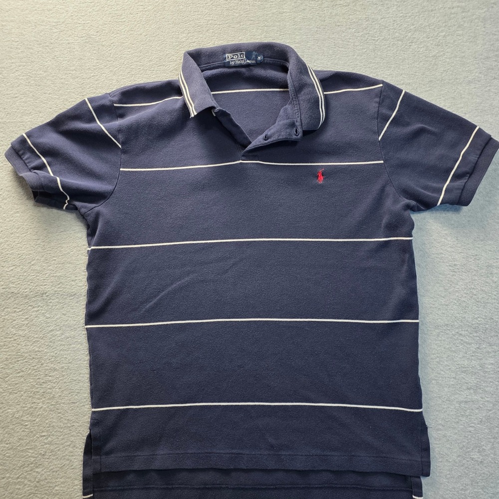 Polo Ralph Lauren Mens‎ Navy Blue White Striped Short Sleeve Polo Shirt Size M